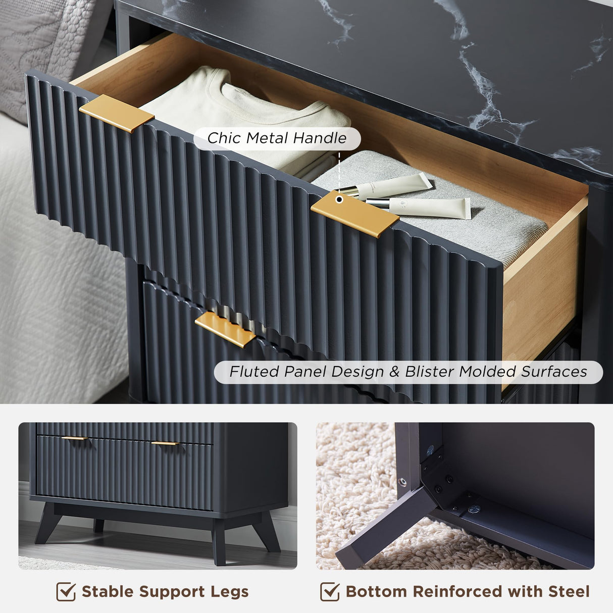 T4TREAM 32" Tall Fluted Nightstand, Modern Side Table with Faux Marble Top, 3 Drawers End Table w/Storage, Bedside Table for Bedroom, Living Room, Curved Profile Design, Dark Grey T4TREAM