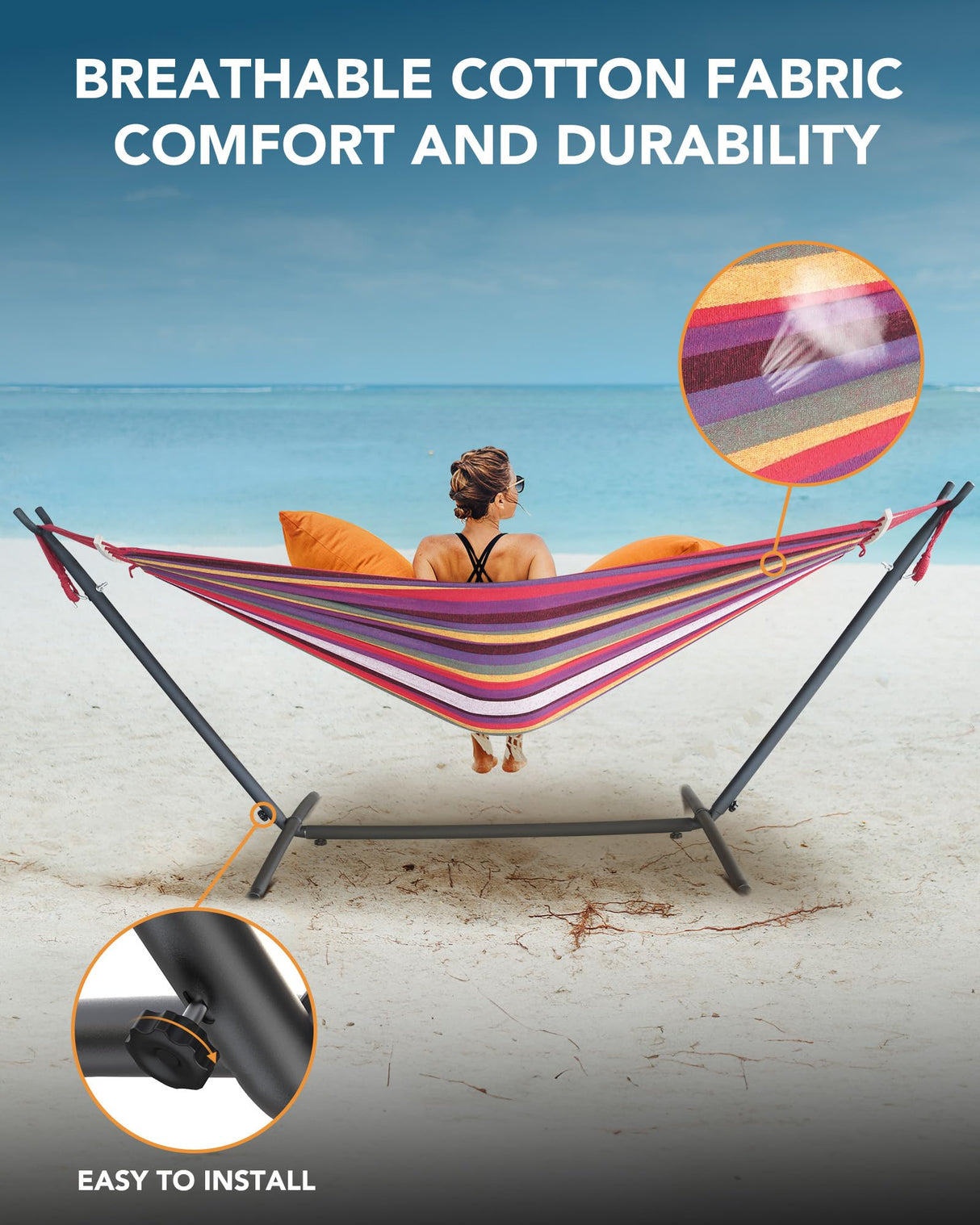 EveryFun Double Hammock with Heavy-Duty Steel Stand,Portable,Easy Assembly,600lbs Weight Capacity,Perfect for Indoor,Yard,Camping,or Outdoor-Rainbow Everyfun