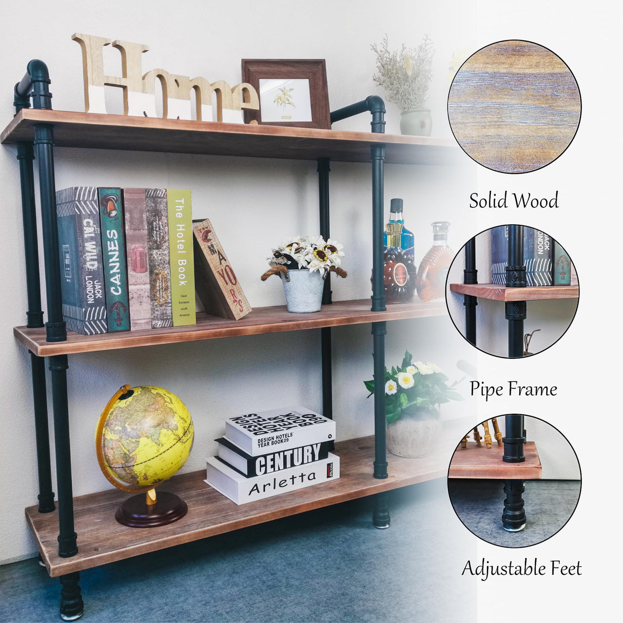 Anynice 3 Tier Industrial Long Bookshelf, Entryway Industrial Metal Bookcase (Weathered Brown, 60" L x 11.8" W x 39" H) Anynice