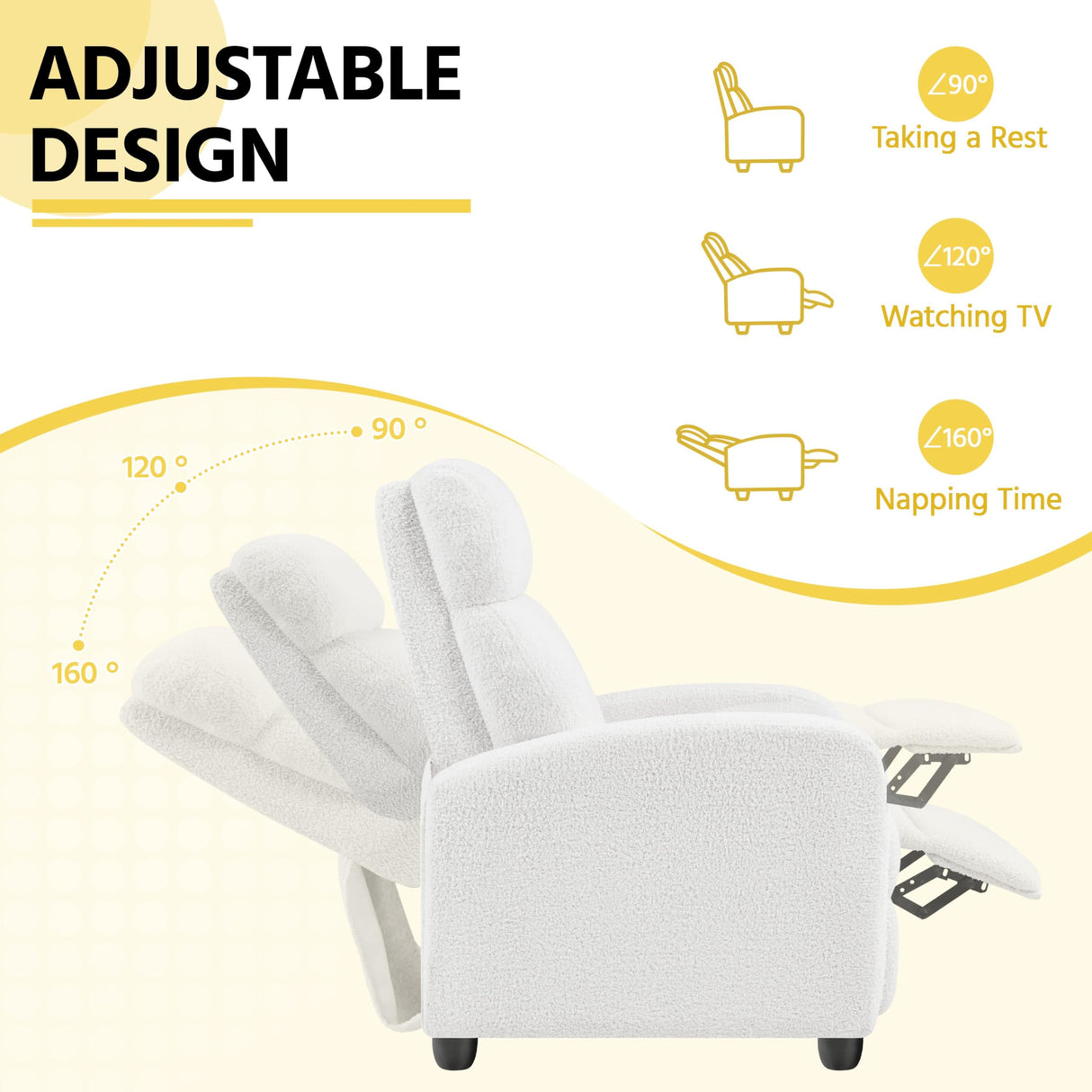 Yaheetech Boucle Recliner Chair Single Sofa Home Theater Seating Adjustable Modern Single Reclining Chair for Living Room Bedroom Home Theater White Yaheetech