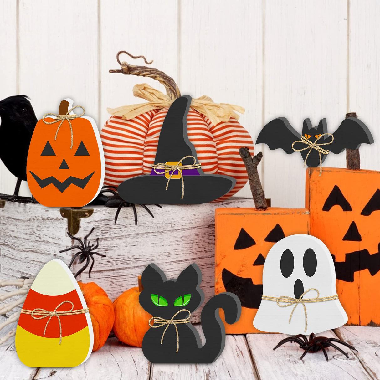 6PCS Halloween Wooden Decor - Halloween Wooden Signs Include Pumpkin Ghost Bat Black Cat Witch Hat Candy Corn Freestanding Table Signs, Halloween Tiered Tray Decor for Rustic Farmhouse Home Mantle Lairyan