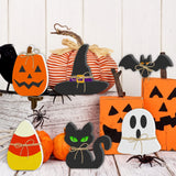 6PCS Halloween Wooden Decor - Halloween Wooden Signs Include Pumpkin Ghost Bat Black Cat Witch Hat Candy Corn Freestanding Table Signs, Halloween Tiered Tray Decor for Rustic Farmhouse Home Mantle Lairyan