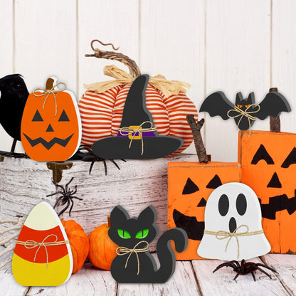 6PCS Halloween Wooden Decor - Halloween Wooden Signs Include Pumpkin Ghost Bat Black Cat Witch Hat Candy Corn Freestanding Table Signs, Halloween Tiered Tray Decor for Rustic Farmhouse Home Mantle