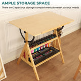 VISWIN Wood Drafting Table for Adults, Drawing Table with Adjustable Angle & 2-Tier Storage Racks for Art Studio, Solid Pine Wood Artist Desk for Drawing, Drafting, Writing, Reading, Sketching VISWIN