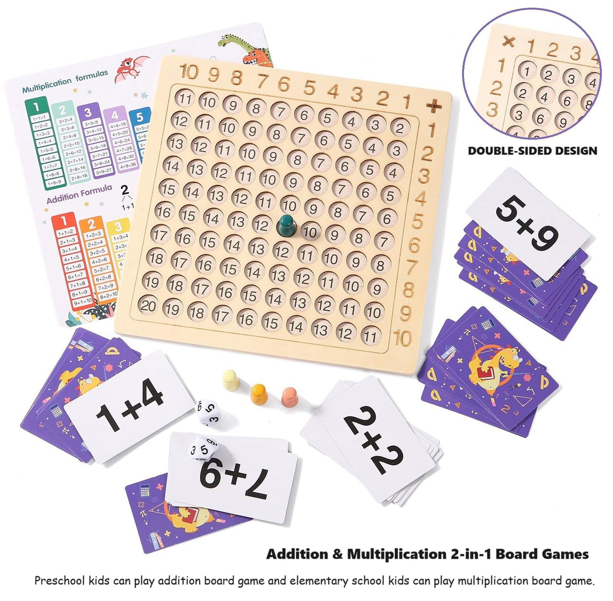 2 in 1 Multiplication Addition Math Board Game for Kids - Wooden Montessori Math Toys for Girls Boys 4 5 6 7 8 9 Years Old Wood Double Sided Board Table Dice Card Games for Family Cltoyvers