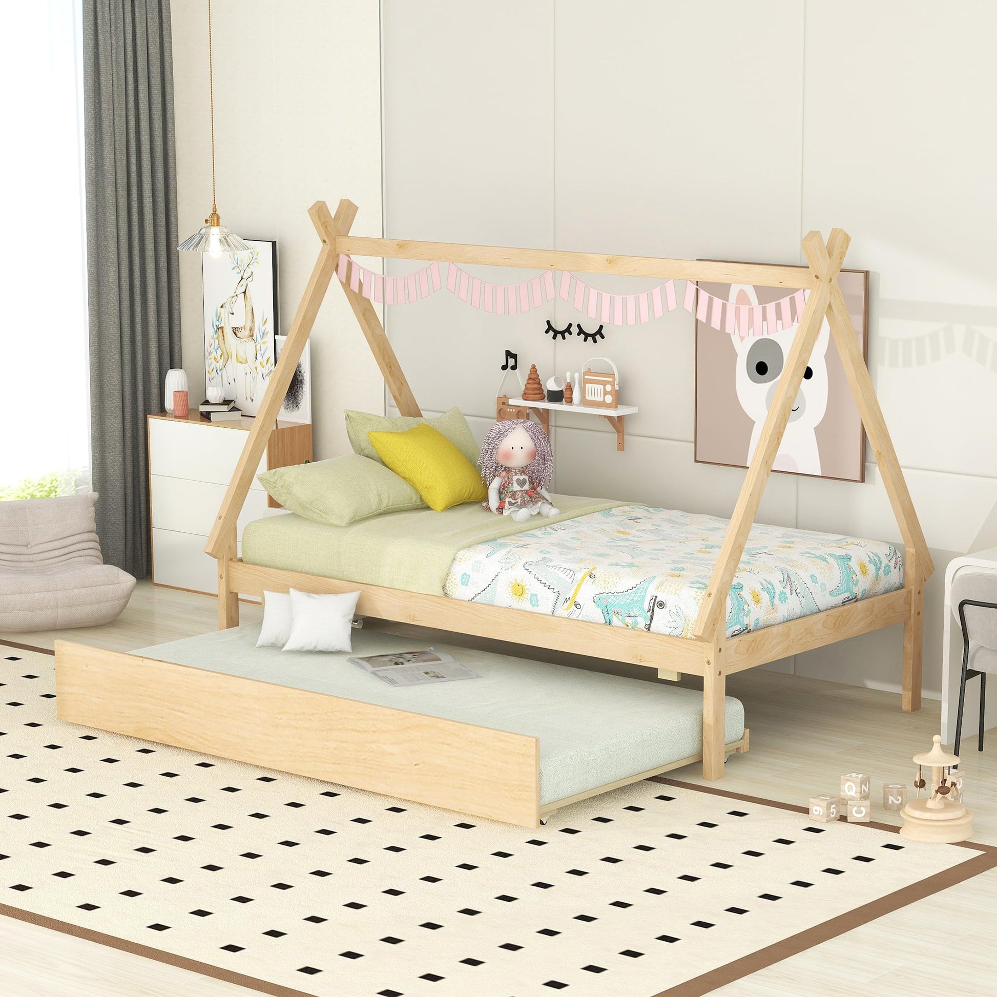 Harper & Bright Designs Twin Size Teepee Bed Frame with Trundle - Natural Wood Montessori Bed for Kids - WoodArtSupply