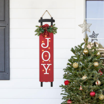 Glitzhome 40" H Lighted Wooden Sleigh Sign, Joy Porch Sign Decorative Plaque for Xmas Home Porch, Farmhouse Joy Wall Hanging Decor for Christmas Festivals