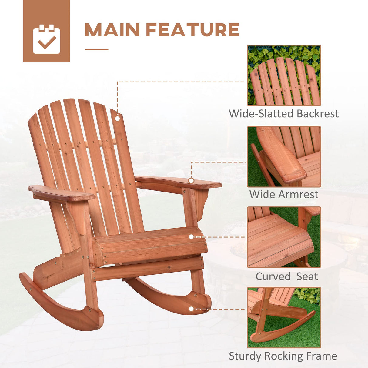 Outsunny Wooden Adirondack Rocking Chair Outdoor Lounge Chair Fire Pit Seating with Slatted Wooden Design, Fanned Back, & Classic Rustic Style for Patio, Backyard, Garden, Lawn, Teak Outsunny