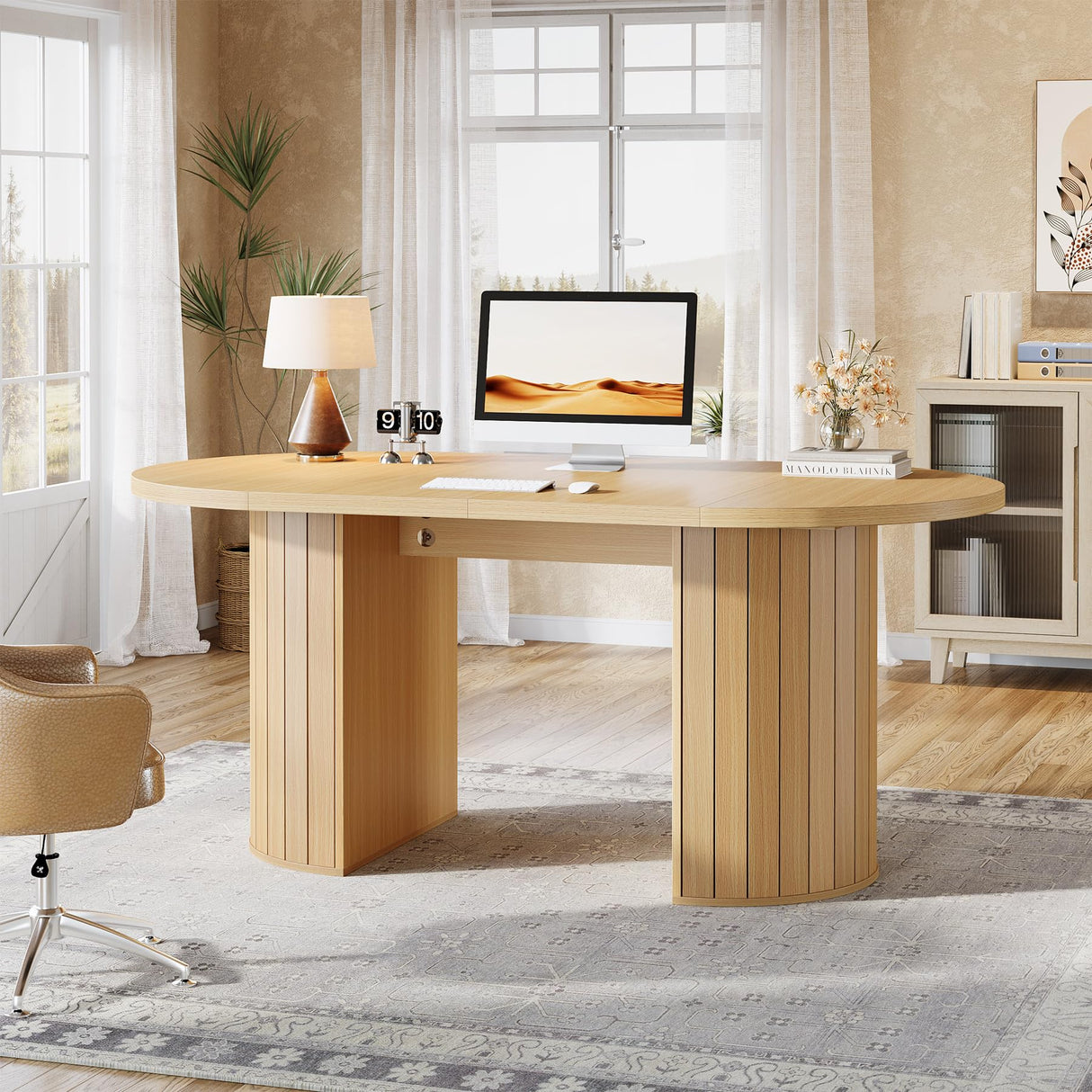 Tribesigns 63-Inch Executive Desk, Modern Home Office Desks Computer Writing Table, Small Conference Table, Oak Tribesigns