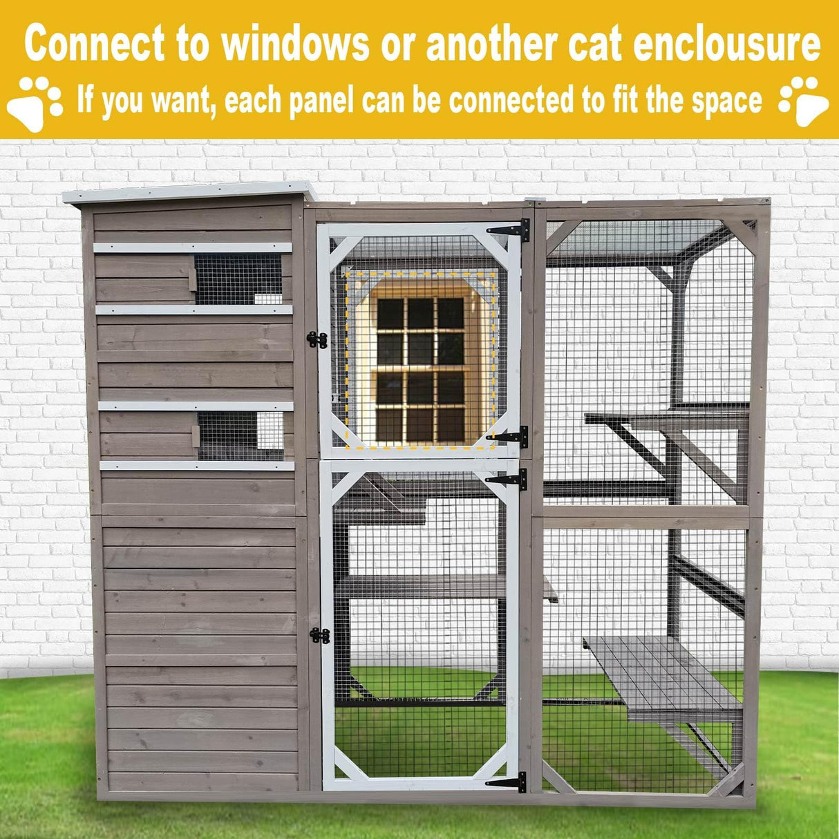 Gowoodhut Large Outdoor Catio Cat Enclosures - Wooden Cat House Weatherproof with Multi Platforms & Weather Resistant Roof, Catio Combined- 71" H 77" L Gowoodhut