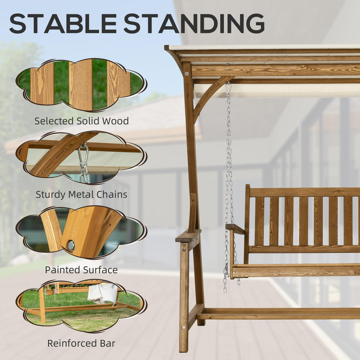Outsunny 2 Seater Outdoor Swing Loveseat with Canopy and Hanging Chains, Patio Swing Chair, Wooden Porch Swing Glider, for Garden, Poolside, Backyard Outsunny