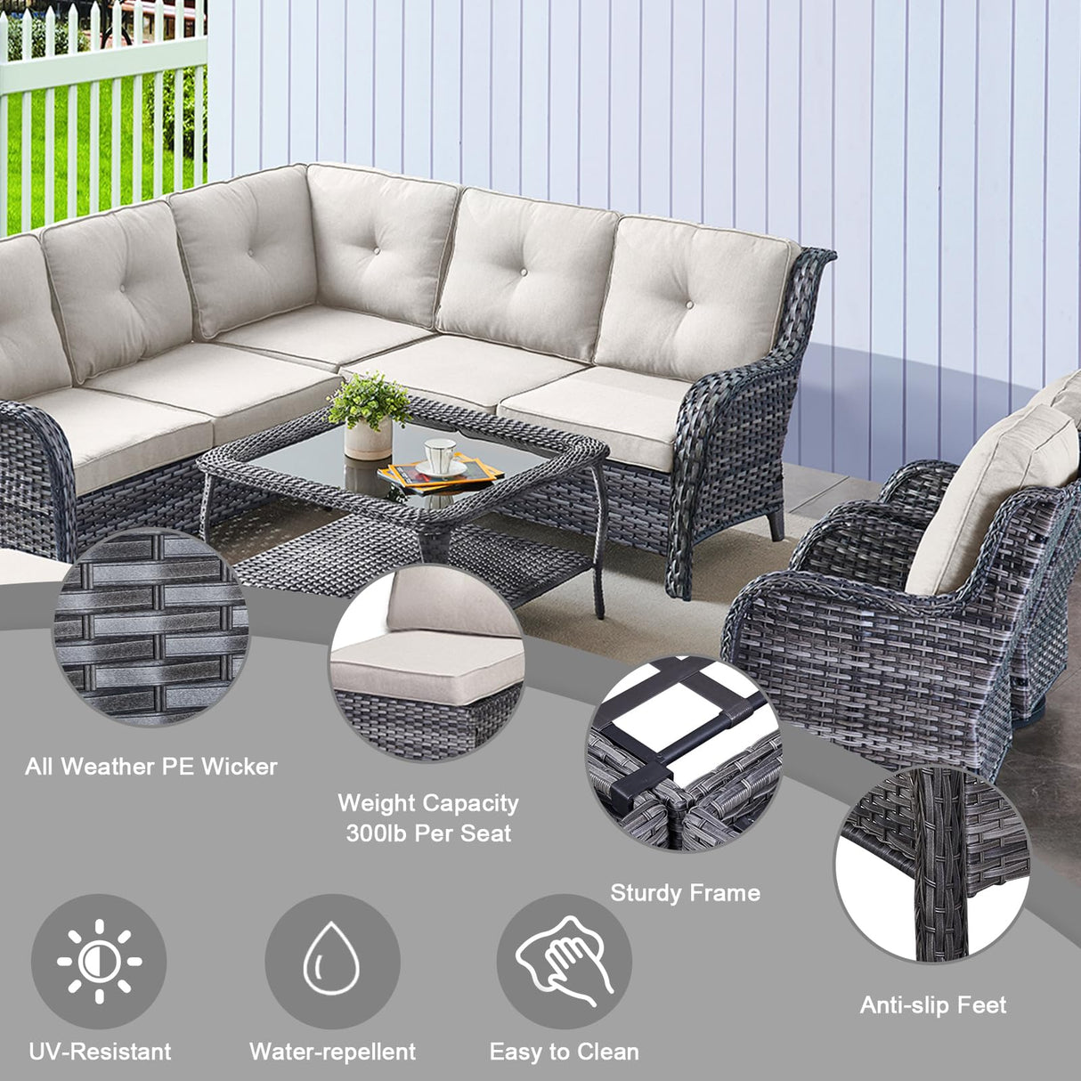 HUMMUH 8 Pieces Outdoor Patio Furniture Set with Fire Pit,L-Shaped Modular Sectional Couches with Swivel Patio Chairs,Wicker Conversation Set for Deck,Backyard,Porch,Garden HUMMUH