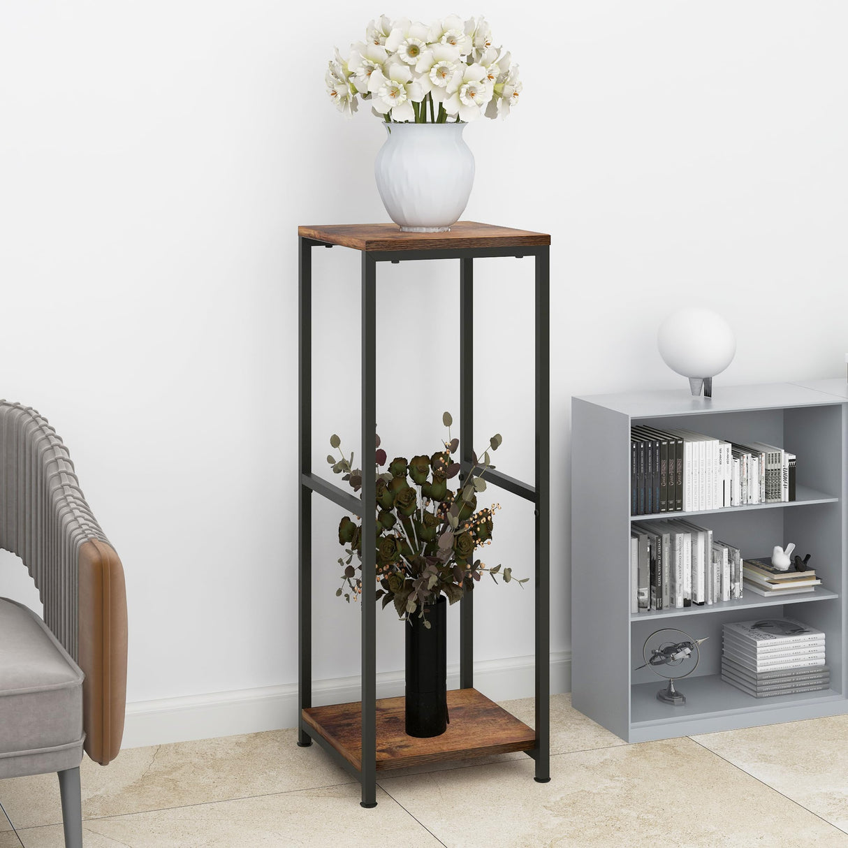 NOAMOO 32 inch Tall Metal Wood Plant Stand, Tier Potted Plant Shelf for Indoor, Flower Pot Holder for Corner Living Room Patio Balcony Garden, Kitchen and Bathroom Display Rack, Brown NOAMOO