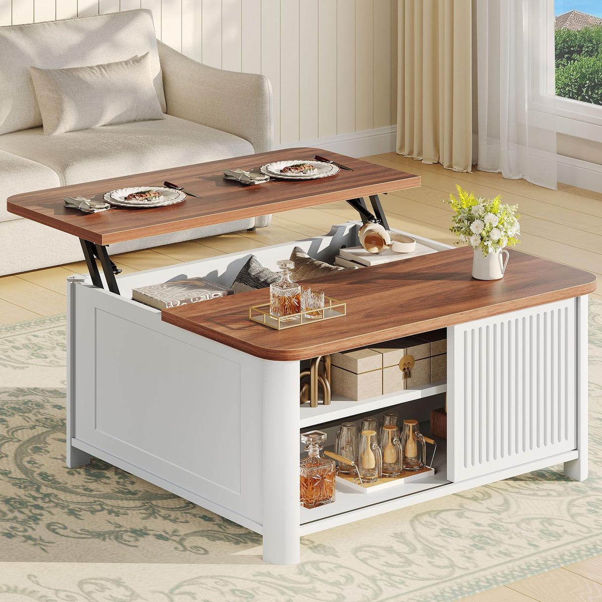 Decofy Lift Top Coffee Table with Storage, 31.5" Mid Century Modern Square Coffee Tables for Living Room, Large Hidden Storage Compartment, Adjustable Shelves & Sliding Door, White Decofy