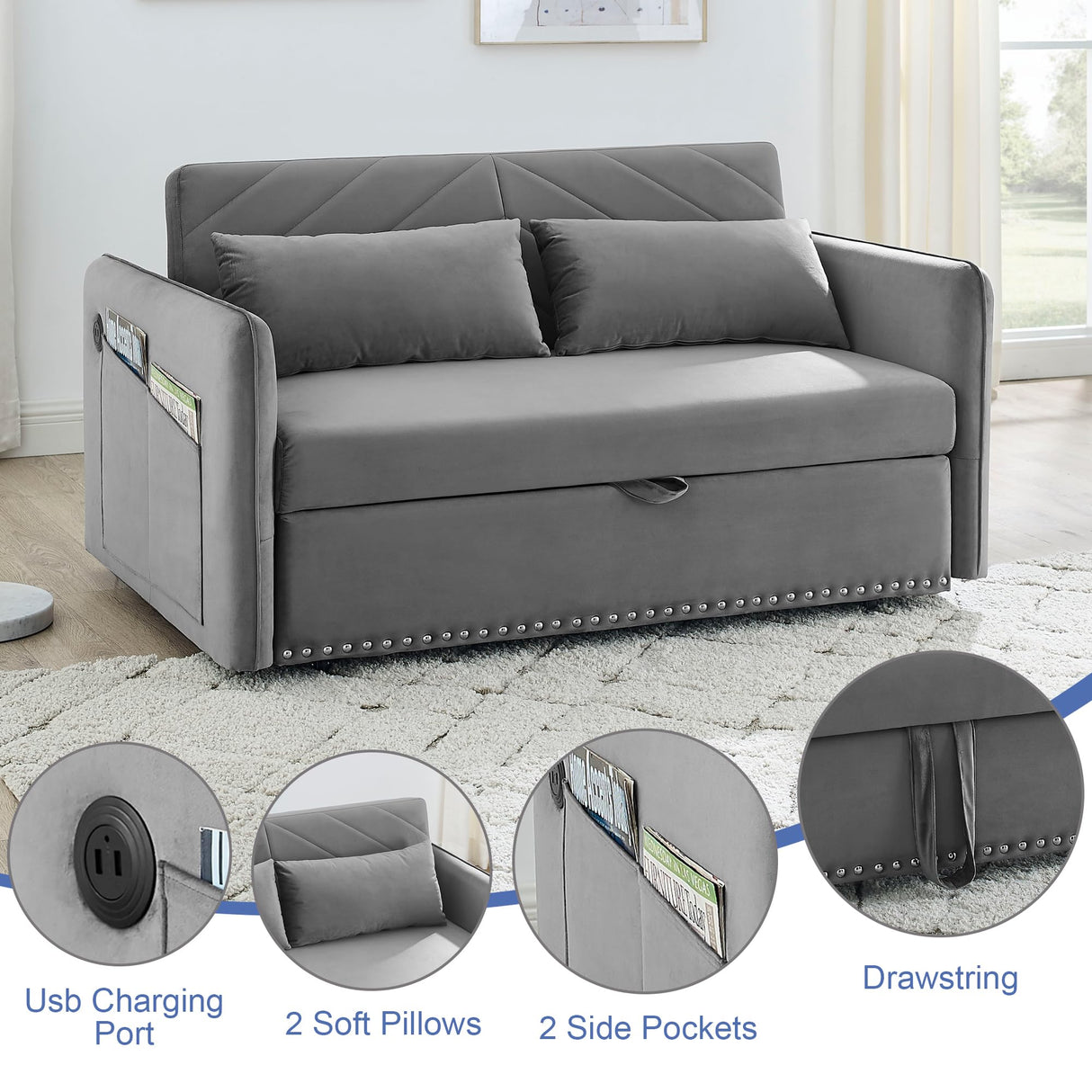 SumKea 3-in-1 Sleeper USB Port Adjustable Velvet Convertible Sofa with Pull Out Bed, 2 Pillows & Side Pocket – Ideal for Living Room and Bedroom, Grey SumKea