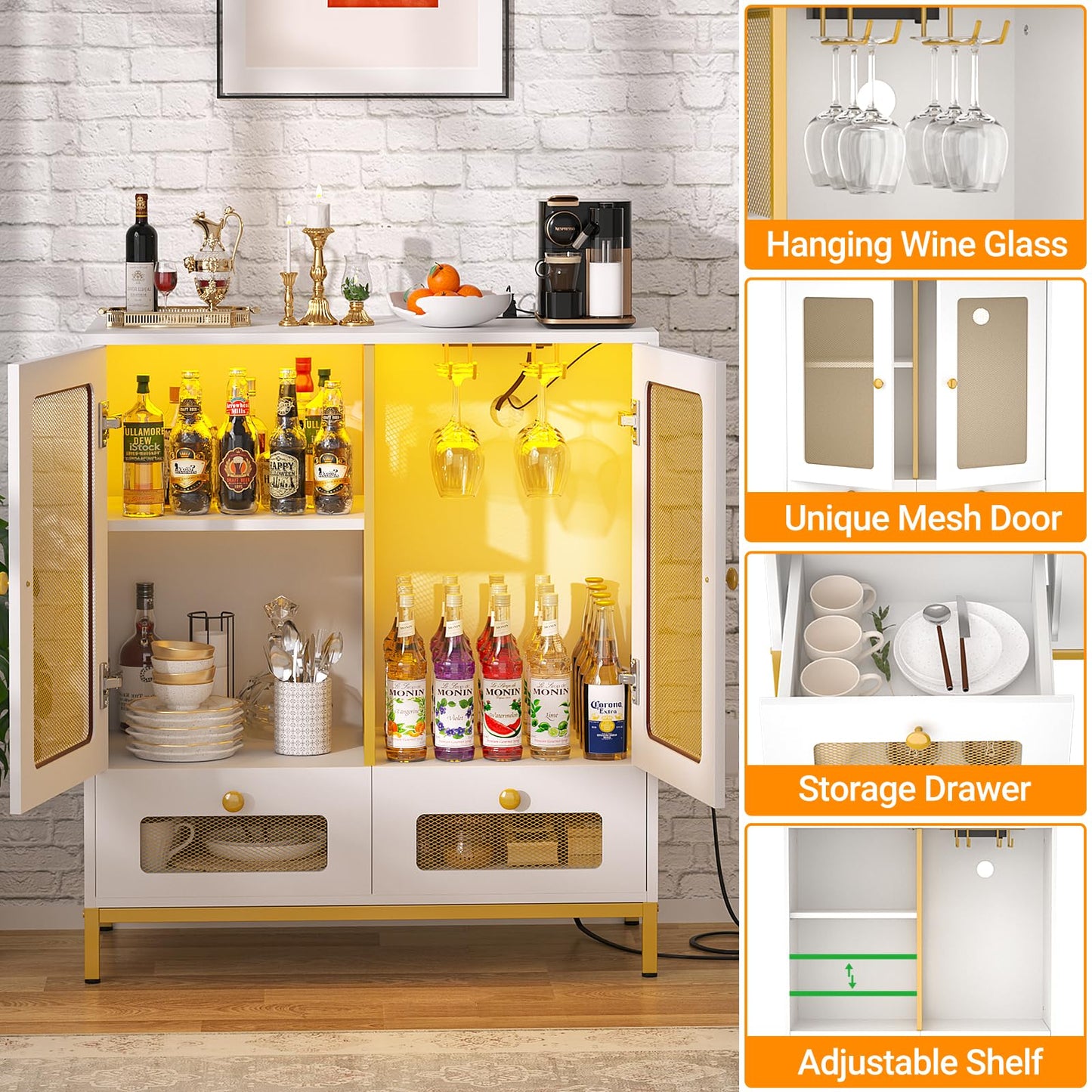 Hyomdeck Sideboard Buffet Cabinet with Storage, Wine Bar Cabinet with Power Outlet & LED Light, Kitchen Storage Cabinet with Drawers, Liquor Coffee Bar Cupboard Buffet Table for Dining Room,  - WoodArtSupply