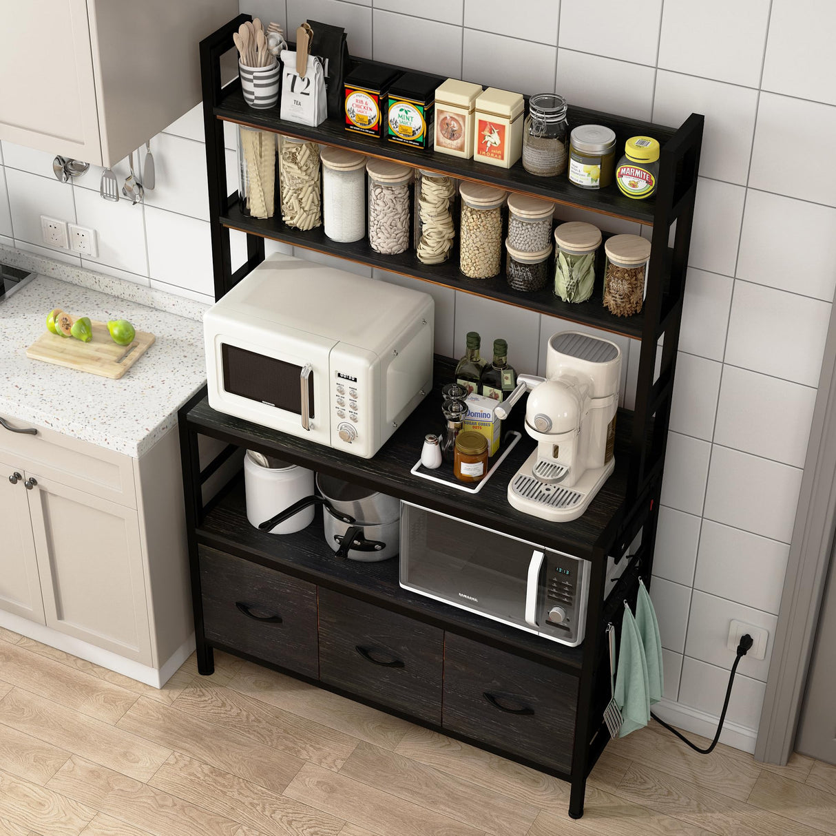 NAIYUFA Kitchen Bakers Rack with Power Outlet,5-Tier Free Standing Kitchen Storage Shelf Bakers Rack with Baskets,Industrial Microwave Oven Stand,Metal Kitchen Rack Organizer with Hooks(Black) NAIYUFA