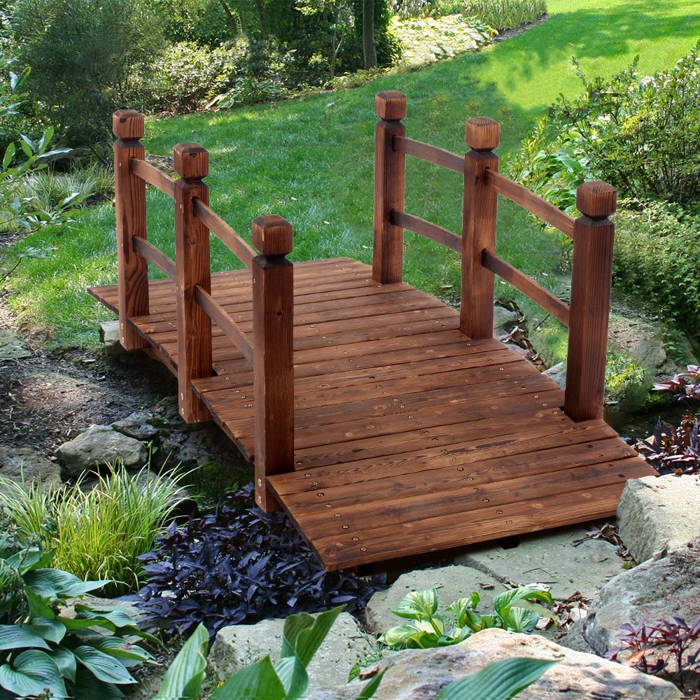 SSLine 5FT Wooden Garden Bridge Outdoor Landscape Arch Bridge with Guardrails Rustic Solid Fir Wood Pond Bridge with Slatted Walking Surface for Outside Backyard Farm Decorative -Stained Wood - WoodArtSupply