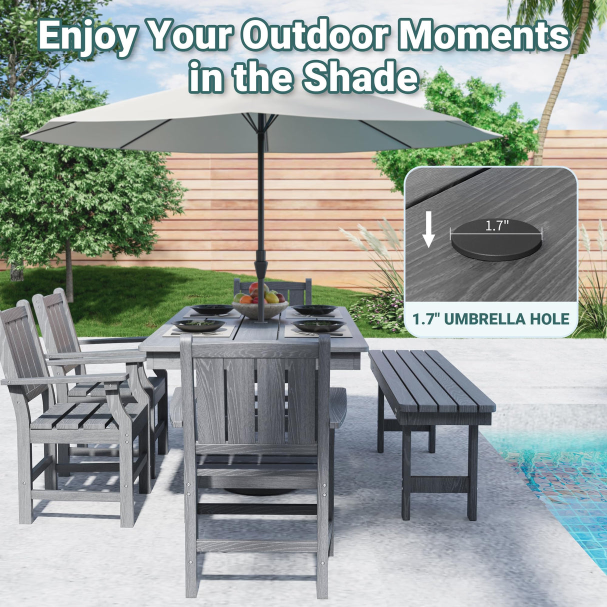 Pamapic 6 PCS Outdoor Dining Set, Spacious HDPE Outdoor Table with 4 Chairs and 1 Bench, Wood Grain Patio Furniture Sets with Elegant Armrest, All-Weather Patio Dining Table with Umbrella Hole, Gray Pamapic