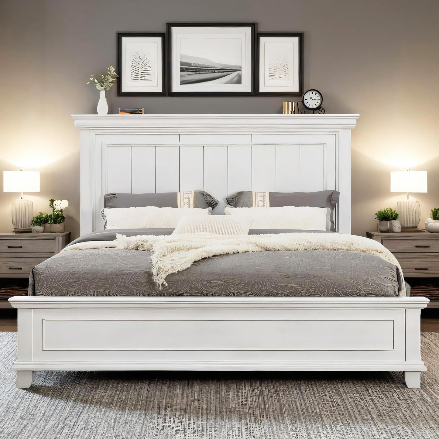 YUMPIE Farmhouse King Size Wood Bed Frame with Headboard and Footboard, No Box Spring Needed, Rustic Platform Bed with 12 Wood Slats Support, Distressed White