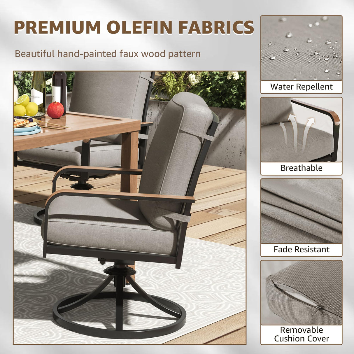 NATURAL EXPRESSIONS 5 Piece Outdoor Patio Dining Sets, 4pcs Swivel Dining Chairs & Square Woodgrain Dining Table with 1.65”Umbrella Hole for Lawn, Garden, Deck, Backyard and Porch NATURAL EXPRESSIONS