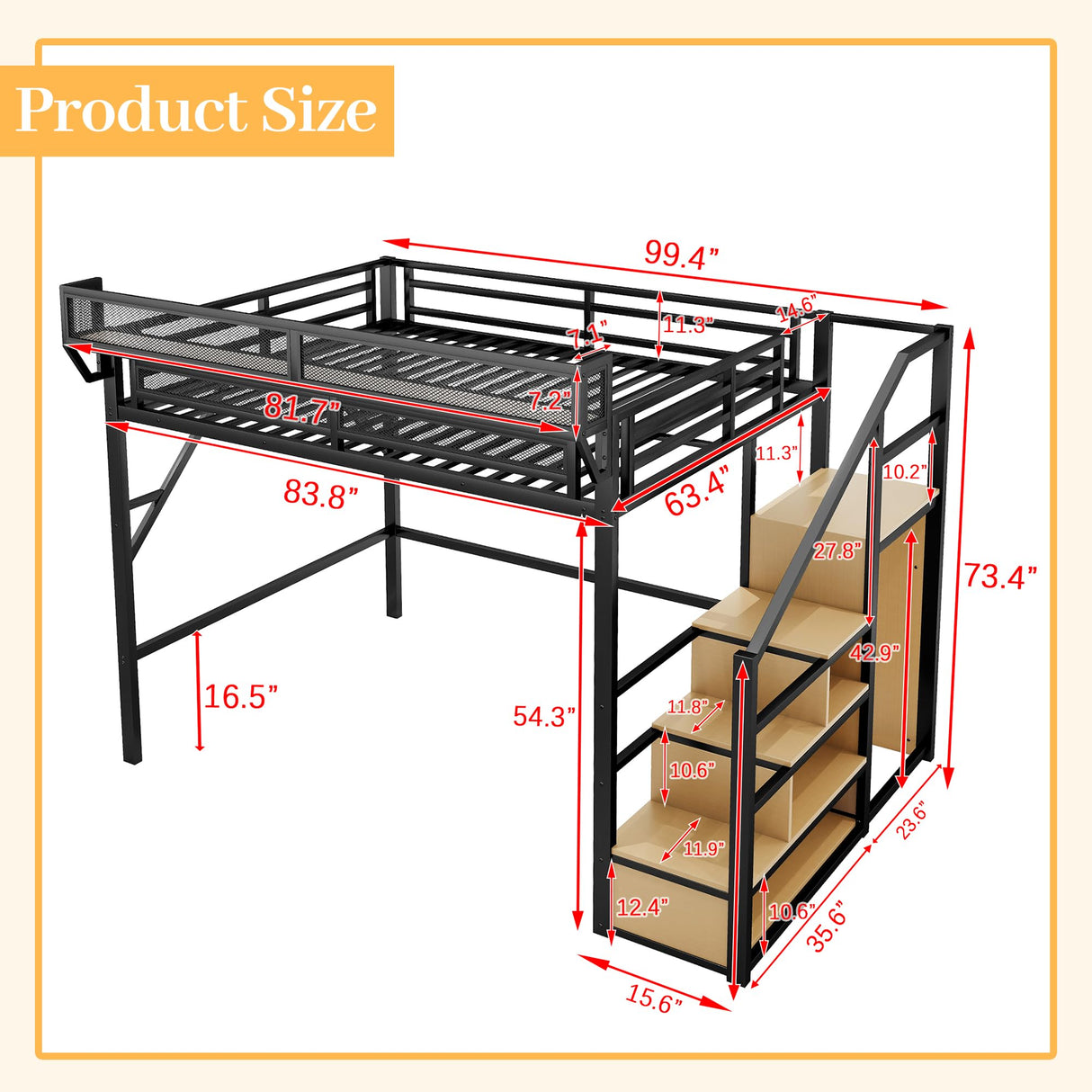 Mirightone Queen Size Loft Bed with Stairs and Storage, Metal Loft Bed Frame with Bedside Shelf and Large Under-Bed Space, Heavy-Duty Bed for Adults Teens and Kids, Black Mirightone