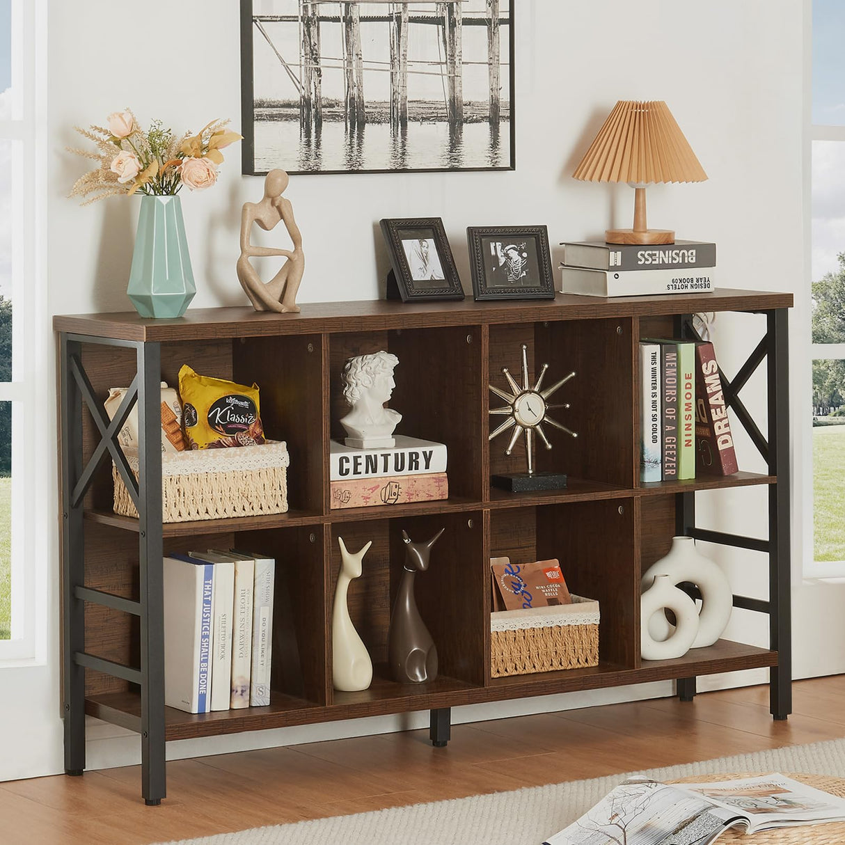 HOMBAZAAR Cube Storage Organizer Shelf, Industrial Horizontal Bookshelf with 8 Cube Storage, Rustic Low Cube Bookshelf with 3 Shelves, Short Wide Bookcase for Office,Living Room,Apartment,Brown HOMBAZAAR