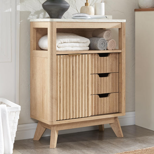 RedLemon Modern Fluted Bathroom Storage Cabinet with Faux Marble Top and 3 Drawers in Natural Oak - WoodArtSupply