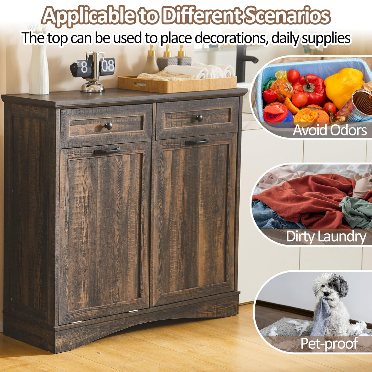 OUTGUAVA 13 Gallons Tilt Out Trash Cabinet Kitchen Trash Bin Cabinet Recycling Trash Cabinet with Hideaway Drawers, Pet Proof Trash Can Cabinet for Kitchen Living Room, Rustic Brown OUTGUAVA