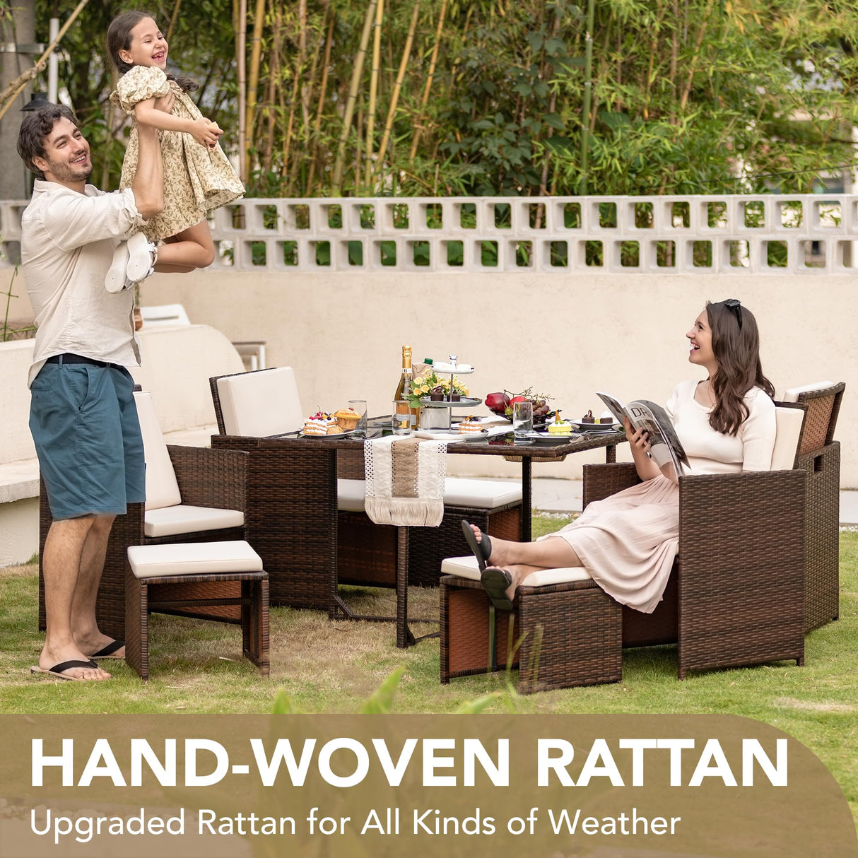 Devoko 9 Pieces Patio Dining Sets Outdoor Space Saving Rattan Chairs with Glass Table Patio Furniture Sets Cushioned Seating and Back Sectional Conversation Set (Beige) Devoko