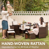 Devoko 9 Pieces Patio Dining Sets Outdoor Space Saving Rattan Chairs with Glass Table Patio Furniture Sets Cushioned Seating and Back Sectional Conversation Set (Beige) Devoko