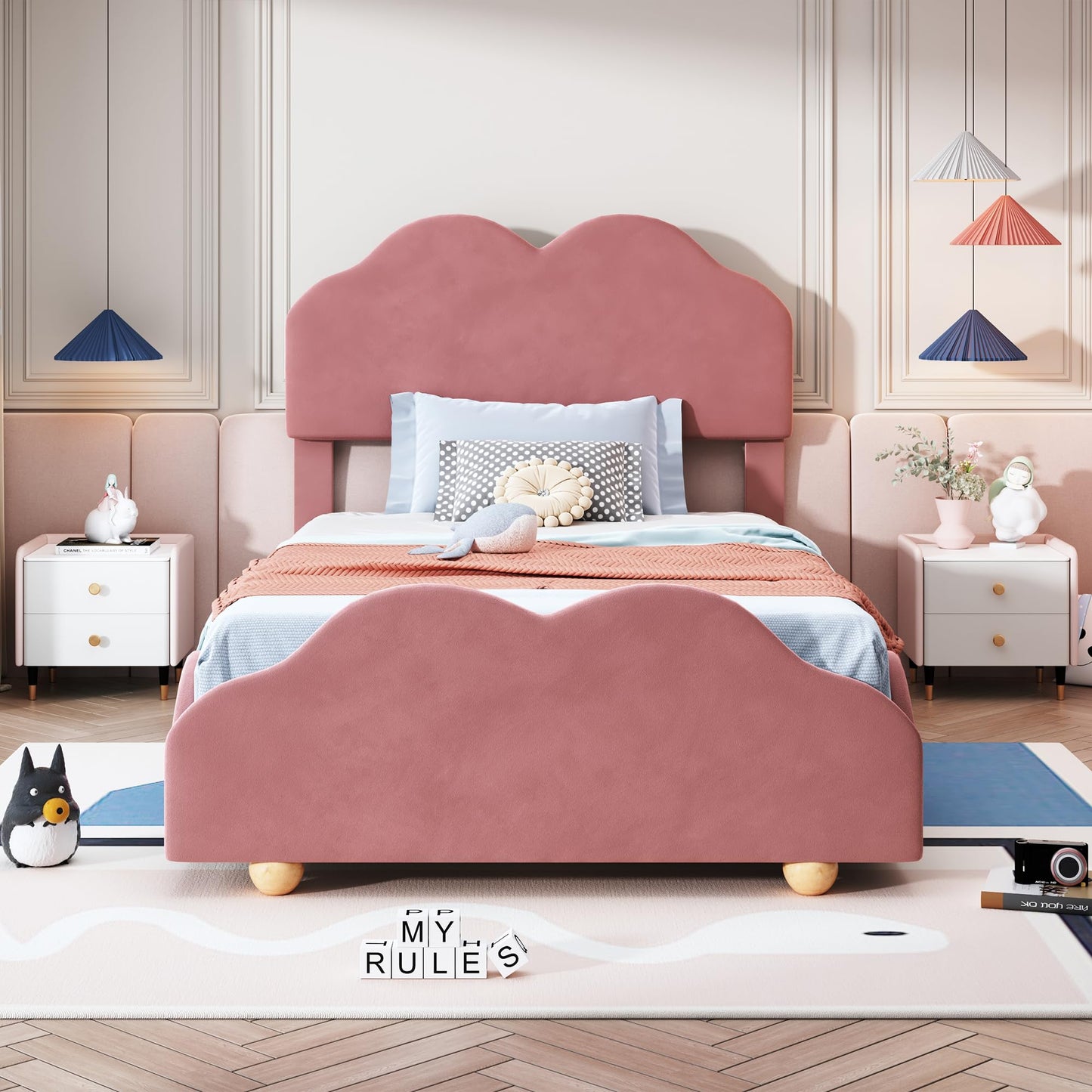 Kids Twin Platform Bed with Cloud Shaped Headboard and Footboard, Velvet Upholstered Twin Size Bed Frame with Wooden Slats Support for Bedroom, No Box-Spring Needed, Dark Pink