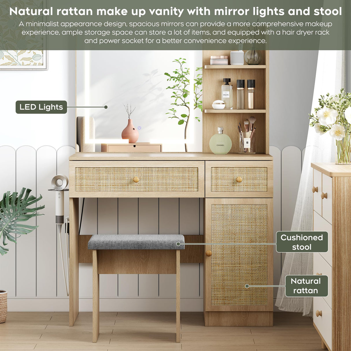 Yechen 35" Boho Makeup Vanity Table with LED Lighted Mirror & Power Strip, Wooden Dressing Table Set with Rattan Drawers, Storage Shelves and Cushioned Stool for Bedroom, Perfect for Girls Women Gift Yechen