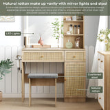 Yechen 35" Boho Makeup Vanity Table with LED Lighted Mirror & Power Strip, Wooden Dressing Table Set with Rattan Drawers, Storage Shelves and Cushioned Stool for Bedroom, Perfect for Girls Women Gift Yechen