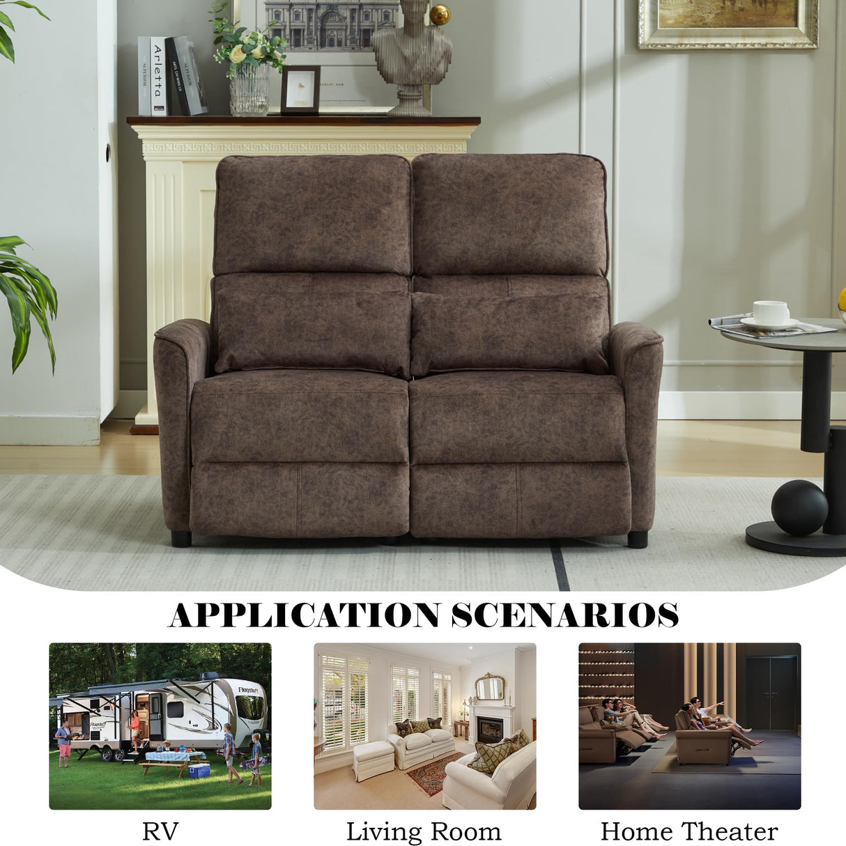 DRMBOOK 52'' RV Loveseat Recliner Sofa, Velvet Fabric Double Camper Couch 2 Seater Recliner, Home Movie Theater Seating Chair, 2 Person Push Back Recliners for Living Room, Brown DRMBOOK