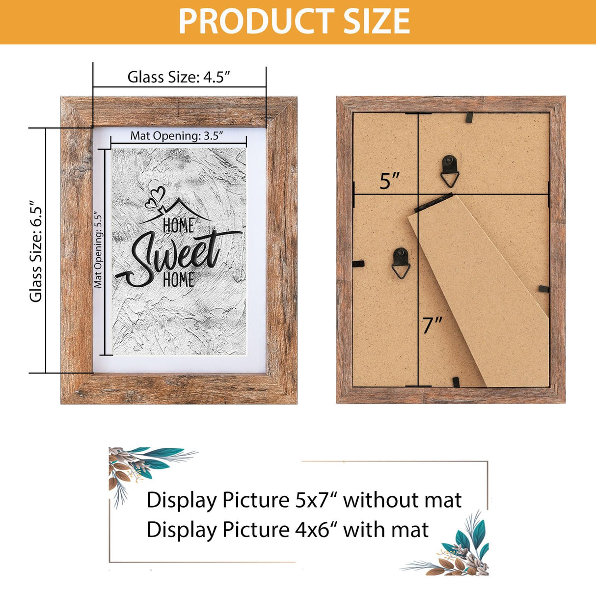 Califortree 5x7 Picture Frame - Can Display Photo 4x6 with Mat, Wood Frame with Shatterproof Plexiglass, Horizontal and Vertical Display for Wall and Tabletop, Rustic Brown Califortree