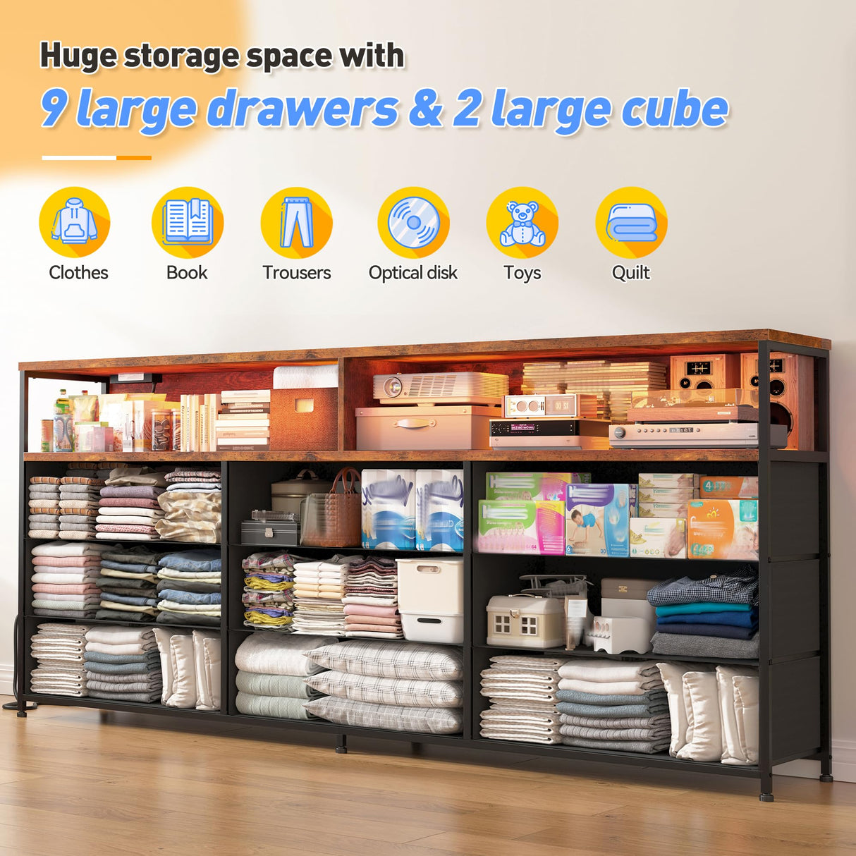 EnHomee 55" W Dresser TV Stand with Power Outlet & LED Lights for 65" TV, Dresser for Bedroom with 9 Fabric Drawers, TV Stand for Bedroom Long Dressers Console Table 55''W*11.8''*35.5'', Rustic Brown EnHomee