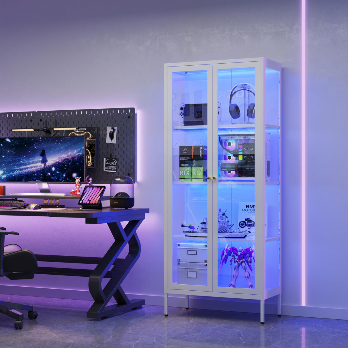 UNICOLY Display Cabinet with Glass Doors, Glass Display Cabinet with Lights, Curio Display Cabinet with 3 Shelves, Metal Storage Cabinet with 3 Color LED Lights for Living Room. White UNICOLY