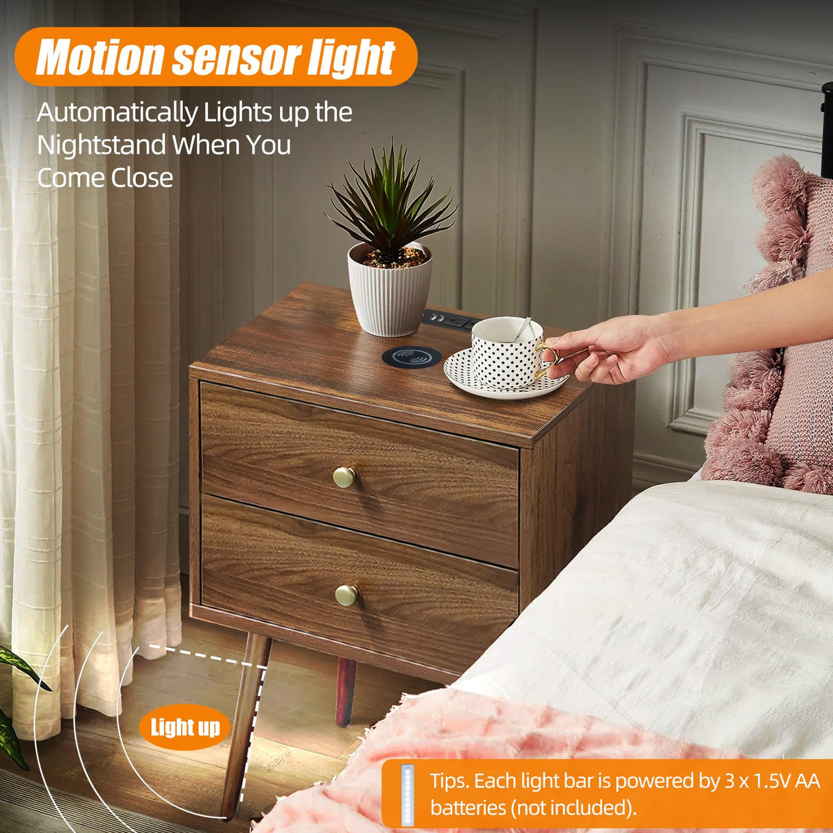 Wooden Nightstand with Wireless Charging and LED Light - 20" W x 14" D x 24" H Mid Century Modern Walnut Nightstand with Charging Station, Large Bedside Table with Storage Drawers, Outlet on Top Caredear