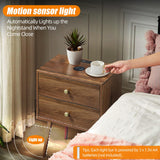 Wooden Nightstand with Wireless Charging and LED Light - 20" W x 14" D x 24" H Mid Century Modern Walnut Nightstand with Charging Station, Large Bedside Table with Storage Drawers, Outlet on Top Caredear