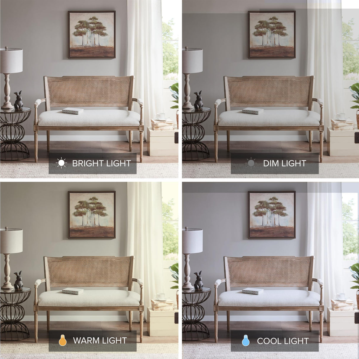 Madison Park Willshire Natural Rattan Settee, Upholstered Seat - Charming Country Design, Rustic Reclaimed Wood Finish, Ratan Insert Backrest & Padded Arm Rest, 47.25" Wide Beige/Reclaimed Natural Madison Park