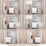 Besiost Closet System with Drawer - 8FT Wood Closet Organizer System with 3 Hanging Rods and Shelving Tower, 96" Walk In Closet Organizer Wardrobe, Heavy Duty Garment Rack Clothes Rack, White Besiost