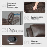 Lexicon Manual Reclining Chair, Top Grain Leather Match Wall Hugger Recliner Chair, Tab Pull Reclining, High Density Foam Over Pocket Coils, for Living Room/Reading Nook/Bedroom, Brown Lexicon