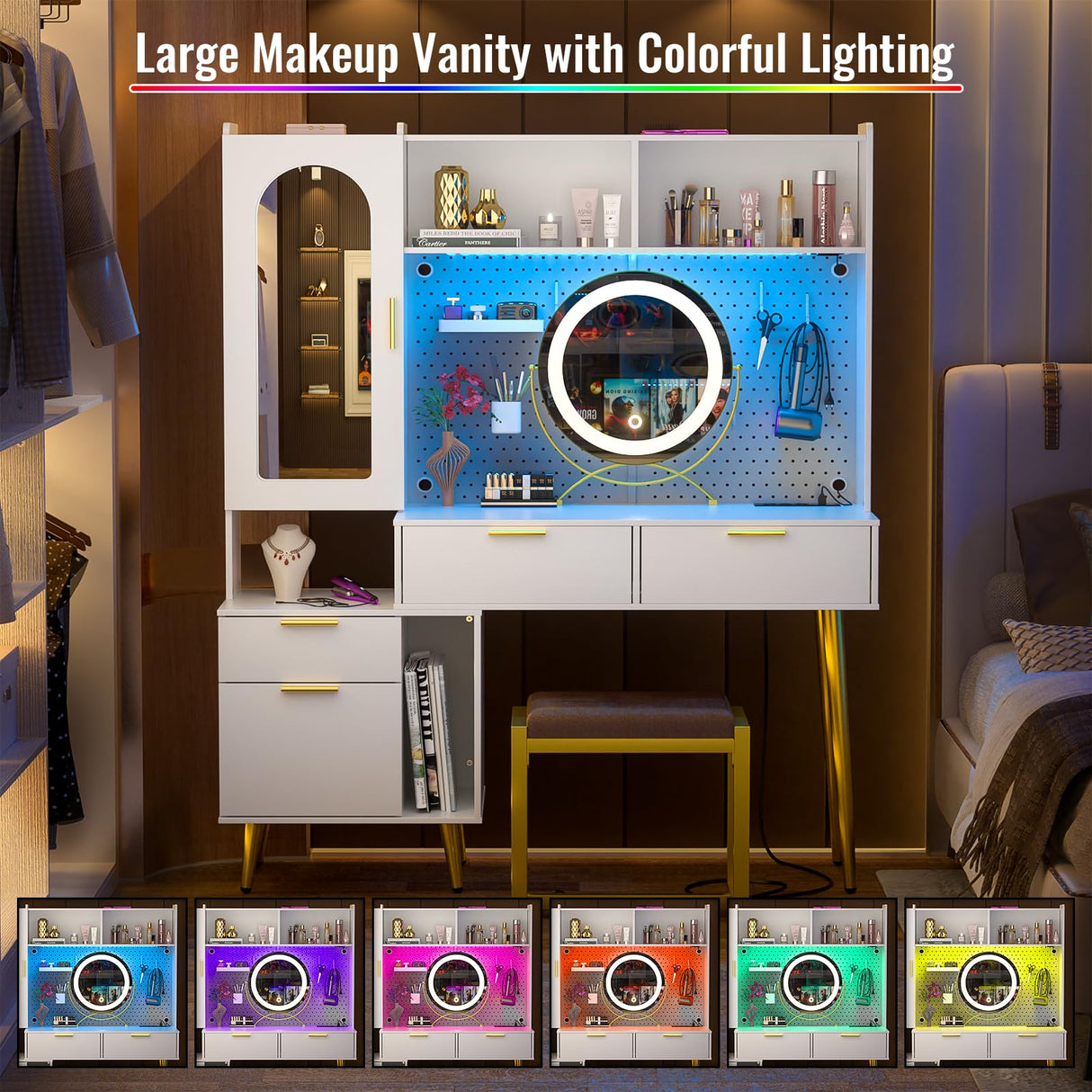 armocity 48'' Makeup Vanity with Hutch, White Bedroom Vanity with Charging Station and LED, Tall Vanity Table with Pegboard, Mirror, 5 Big Drawers & Shelves, Cabinet, Bedroom Dressing Tables, White armocity