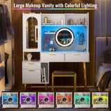 armocity 48'' Makeup Vanity with Hutch, White Bedroom Vanity with Charging Station and LED, Tall Vanity Table with Pegboard, Mirror, 5 Big Drawers & Shelves, Cabinet, Bedroom Dressing Tables, White armocity