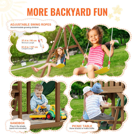 VEVOR Wooden Swing Set, 10 in 1 Playground Sets for Backyards, 2 Swings, 6FT Slide, Trapeze Bar, Flat Step Ladder,Large Upper Fort with Kitchen Toys, Rock Wall, Picnic Table, Sandbox, Scaling Ladder VEVOR