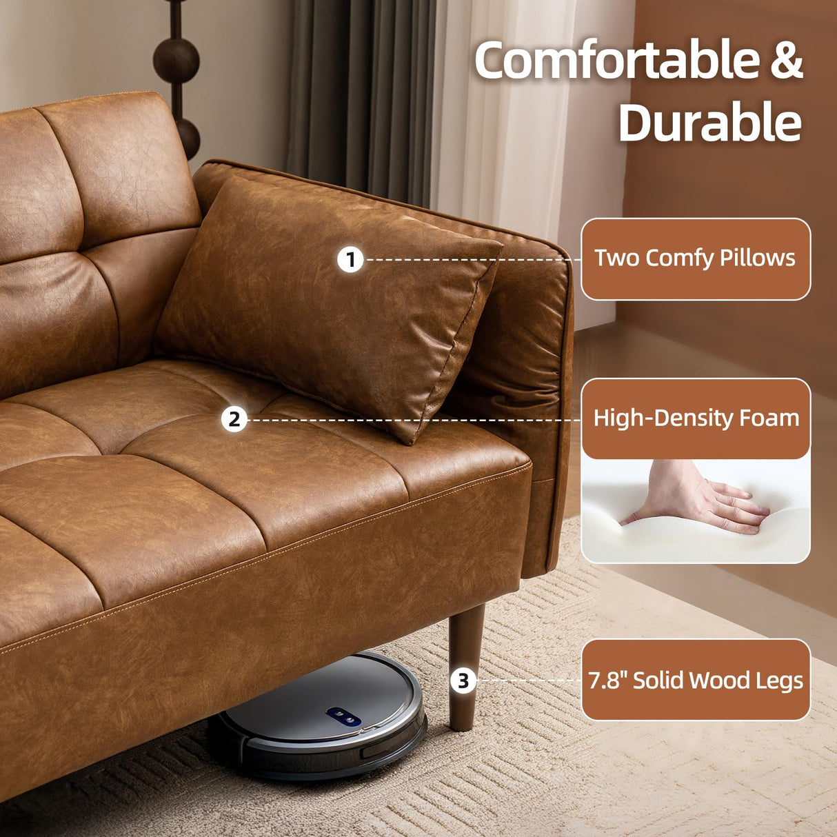 HALLYBEE 85” Futon Sofa Bed, Sleeper Sofa, Small Couch with Storage Adjustable Armrests Pillows, Faux Leather Loveseat, Mid Century Modern Couches for Living Room, Bedroom, Apartment, Brown HALLYBEE