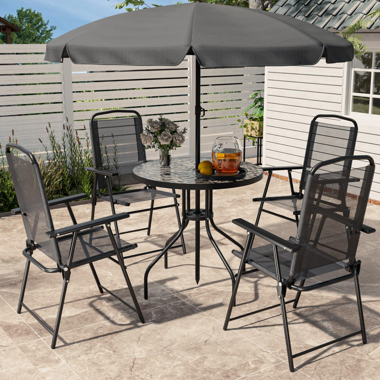 PUKAMI 6 Piece Folding Patio Dining Set with Umbrella, Outdoor Table and Chair with 4 Dining Chairs and Round Glass Table for Garden, Backyard and Deck, Black PUKAMI
