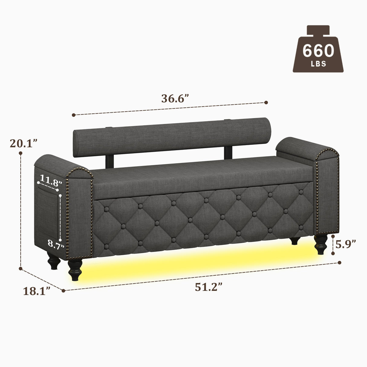 BYSAUD 51" Ottoman with Storage, Storage Ottoman Bench with LED Lights, End of Bed Bench with Upholstered Backrest & Curved Arm, Entryway Bench with Tufted Button for Bedroom Living Room, Dark Gray BYSAUD