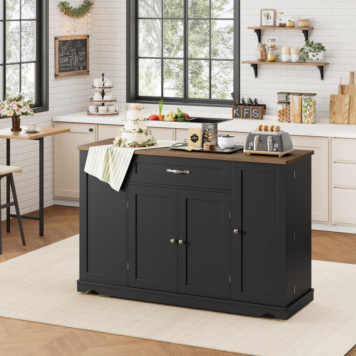 HOSTACK Kitchen Island Cart with Storage, 47'' Kitchen Storage Island on Wheels with 2 Drawers, Rolling Island Table with Adjustable Shelves, Mobile Buffet Sideboard Cabinet for Dining Room, Black HOSTACK